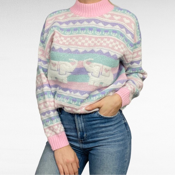VINTAGE | 1980’s Private Eyes Fairy Kei Kawaii Pastel Elephant Pullover Sweater - Picture 4 of 8